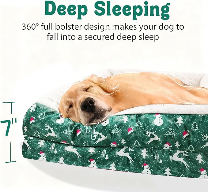 Christmas Washable Orthopedic Large Dog Bed - Removable Orthopedic Foam Pet Couches with Bolsters Waterproof Large Dog Bed and Non-Slip Bottom Extra Large Pet Sofa - Green