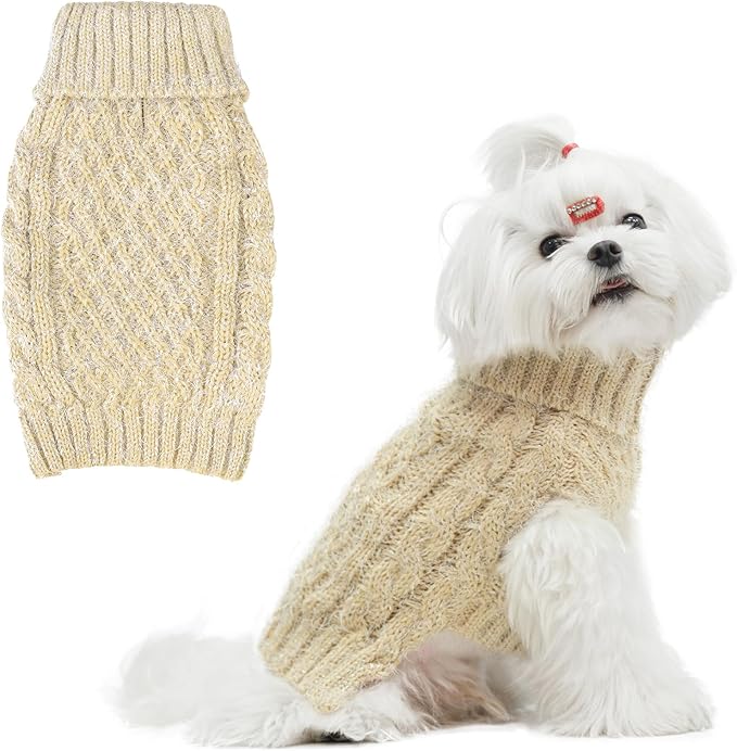 Turtleneck Small Dog Sweaters - Classic Cable Knitwear Winter Coat for Small Medium Dogs Male Female Puppy Dog Cold Weather Clothes Girls Boys, Cream, S