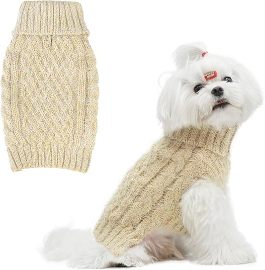 Turtleneck Small Dog Sweaters - Classic Cable Knitwear Winter Coat for Small Medium Dogs Male Female Puppy Dog Cold Weather Clothes Girls Boys, Cream, XS
