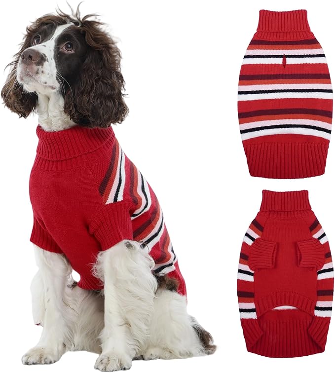 Kuoser Dog Sweater XL, Dog Sweaters for Large Dogs Boy Girl, Warm Pullover Doggie Striped Knitwear for Christmas, Winter Clothes Pet Apparel for Labrador Beagle, Red XL