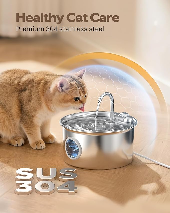Cat Water Fountain Stainless Steel: Cat Fountain for Drinking - 88oz/2.6L Pet Water Fountain for Cats Indoor - Quiet Cats Water Bowl Dispenser - Pets Feeding & Watering Supplies - for Small Animals