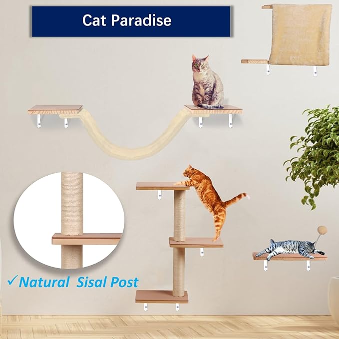 Cat Shelves for Wall, Solid Wood Cat Wall Furniture, with Cat's House, Bed, Hammock, Sisal Scratching Post Ladder (Beige)