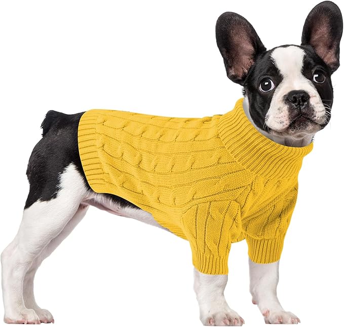 Small Dog Thermal Pullover Sweater, Classic Turtleneck Cable Knitwear Dog Clothes for Cold Weather Warm Pet Clothes for Chihuahua, Bulldog, Dachshund, Pug Yellow XX-Large