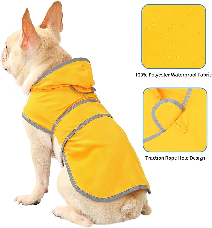 Dog Raincoat for Medium Dogs Waterproof Hooded Rain Jacket with Reflective Strips Leash Hole & Poncho Adjustable Fit (Yellow,M)