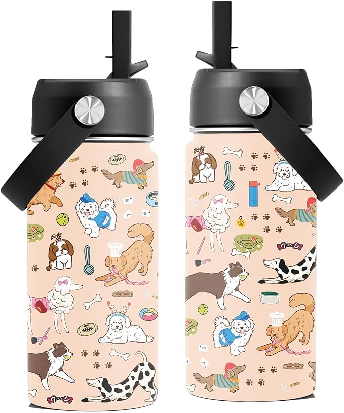 Dog Lovers Gifts, 16 oz Water Bottle with Straw Lid, Stainless Steel Insulated Tumbler, Cute Dogs Water Bottles Gifts for Birthday Christmas