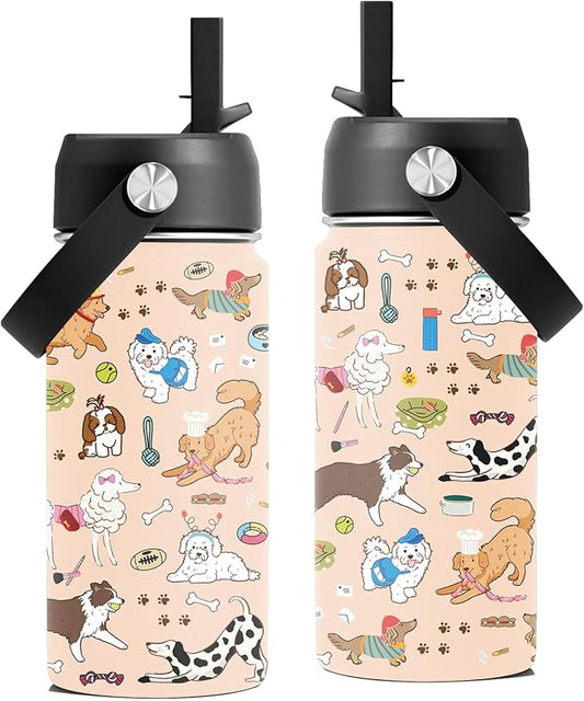 Dog Lovers Gifts, 16 oz Water Bottle with Straw Lid, Stainless Steel Insulated Tumbler, Cute Dogs Water Bottles Gifts for Birthday Christmas