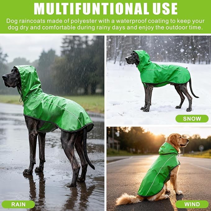 Mosucoirl Dog Raincoat Jacket Reflective Adjustable Hooded Pet Poncho Rain Coats with Leash Hole Waterproof Clothes for Small Medium Large Dogs (Green, M)
