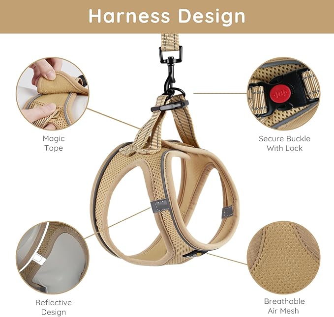 BELLA & PAL Step in Vest Harness for Small and Medium Dogs, No Pull Small Dog Harness with Leash Set, Comfortable Air Mesh Dog Vest Harness with Reflective Strip (Khaki, XXS)
