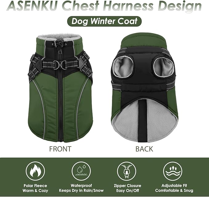 ASENKU Reflective Dog Coat with Built-in Harness, Windproof Fleece-Lined Dog Jacket for Small, Medium, Large Dogs, Warm Winter Vest with Turtleneck & Zipper (Green XL)