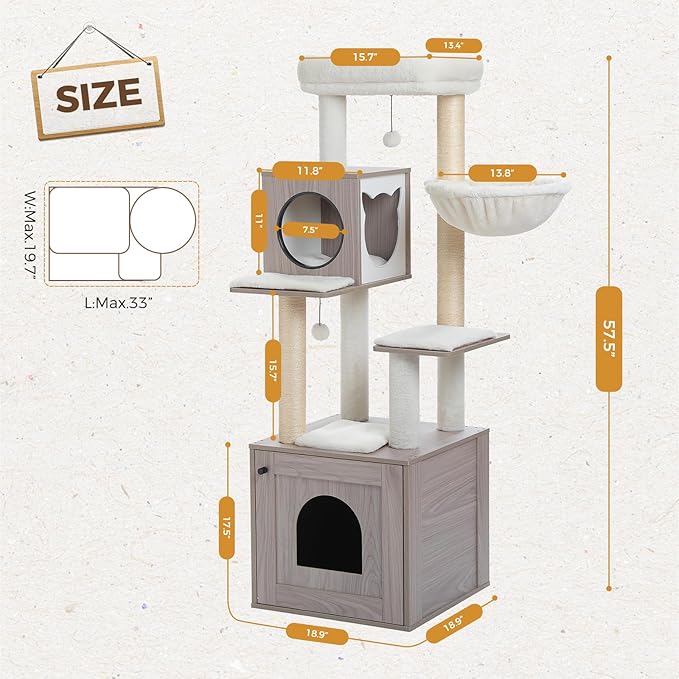 Tall Cat Tree with Litter Box Enclosure 57.5" Wooden Cat Tower for Large Cats with Cat Hammock House Bed (Wood Grey)