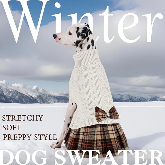 KYEESE Dog Sweaters Dress with Leash Hole with Bowtie Turtleneck Red Dog Knitwear Plaid Pattern Warm Pet Sweater for Medium Dogs White,(XX-Large (Pack of 1))