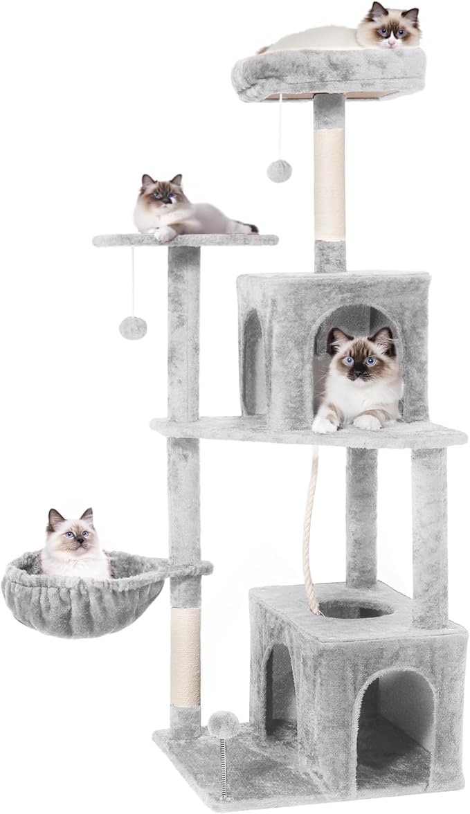Cat Tree, 54-Inch Cat Tower for Indoor Cats,Plush Multi-Level Cat Condo with Scratching Posts, Basket, Perches,2 Caves,2 Pompoms (Light Grey)