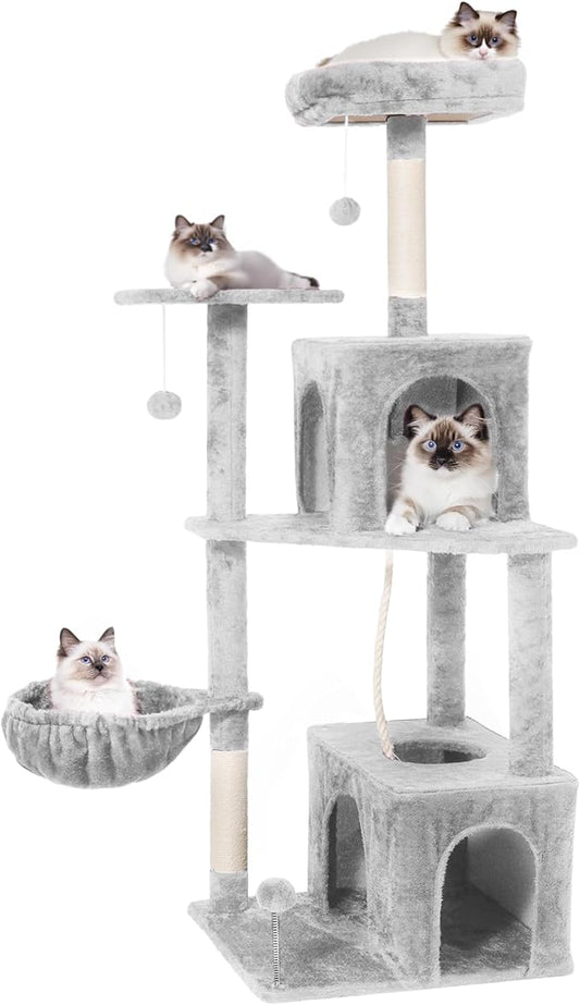 Cat Tree, 54-Inch Cat Tower for Indoor Cats,Plush Multi-Level Cat Condo with Scratching Posts, Basket, Perches,2 Caves,2 Pompoms (Light Grey)