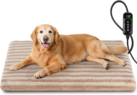 Large Pet Heating Pad, Waterproof Heated Dog Cat Bed with 11 Adjustable Temperatures & 24H Timer, Auto Shut-Off, Chew-Resistant Cord, Washable Cover, Indoor Electric Heating Mat, Beige, L(35" x 24")