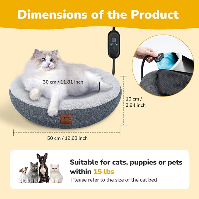 CATISM Heated Cat Bed Indoor - Self Warming Cats Beds, Heating Cat Beds for Indoor Kitten or Small Animals, Cozy Donut Heated Kitty Cave with Timer & Temp Adjustable, Heating Pad with Non-Slip Bottom