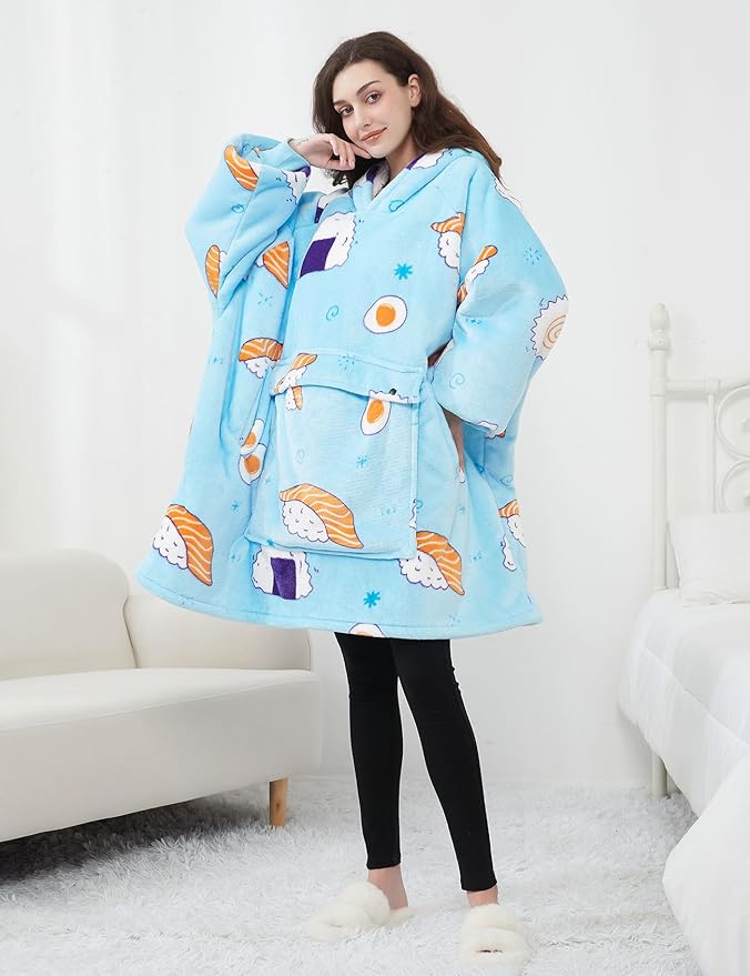 KFUBUO Wearable Blanket Hoodie for Adults Sherpa All Patterns Sushi Oversized Sweatshirt Blanket with Pockets Cute Birthday Gifts for Women