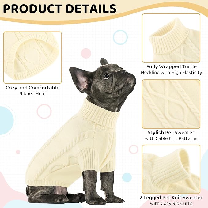 Queenmore Small Dog Pullover Sweater, Cold Weather Cable Knitwear, Classic Turtleneck Thick Warm Clothes for Chihuahua, Bulldog, Dachshund, Pug (White, X-Small)
