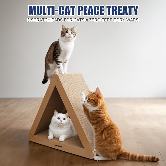 3 Pack Cardboard Cat Scratcher & Scratch Pad with Catnip, Buildable Triangle Cat House w/ 6-Sided Use, Furniture Protection for Indoor Cats