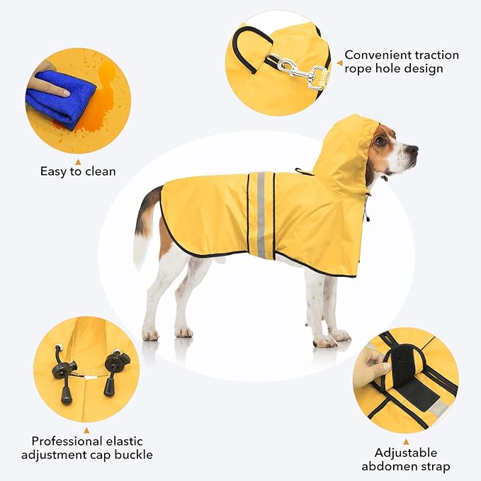 Reflective Dog Raincoat - Adjustable Waterproof Raincoat for Dogs, Lightweight Dog Hooded Slicker Rain Coat Poncho for Small to X- Large Dogs(Yellow, Medium)