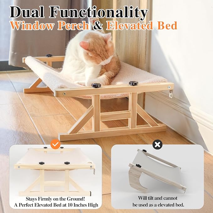 Tresbro 2-IN-1 Cat Window Perch & Elevated Cat Hammock, 26''L × 15.7''W × 10.2"H Wooden Frame Pet Bed for Large Indoor Cats, Easy Setup, Adjustable, No Drilling, Cats Seat for Window, Bedside, Ground