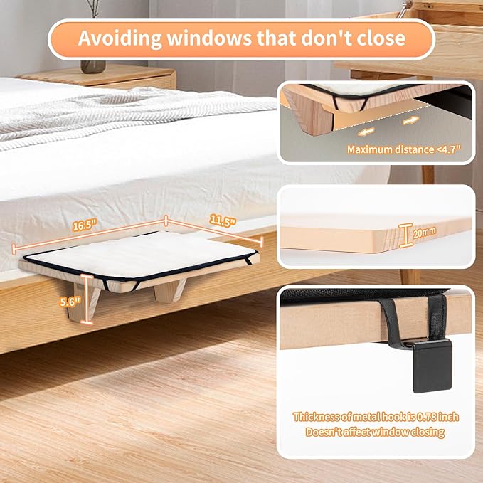PETSFIT Window Perch, Cat Hammock Window Seat with Natural Solid Wood&Removable Fleece Mat,Safety Sturdy Cat Bed for Windowsill, Bedside and Drawer