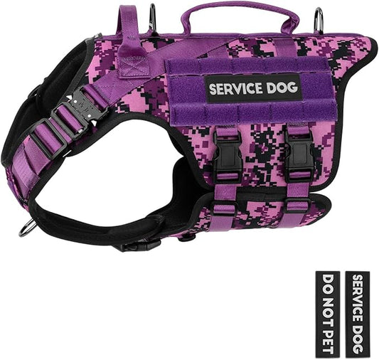 Tactical Dog Harness - PETNANNY Dog Harness Service Dog Vest for Large Breed Dog, Hook and Loop Panel for Service Dog Patchs, Work Dog MOLLE Vest with Handle for Walking Hiking Training(Purple Camo,L)