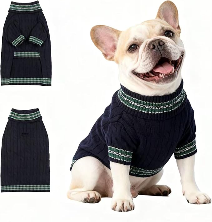 Medium/Large Dog Sweater, Warm Dog Winter Coat w/Sleeves, Comfortable High Neck & Leash Hole, Premium Dog Clothes for Bulldog-Best for Holidays, Daily Walks L Blue