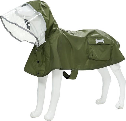 Waterproof Dog Raincoat, Adjustable Reflective Lightweight Pet Rain Clothes with Poncho Hood (Army Green, X-Large)