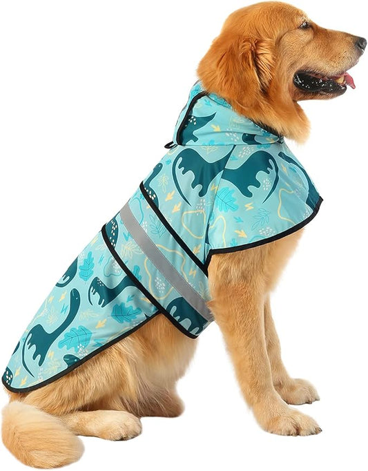 HDE Dog Raincoat Jacket Reflective Adjustable Hooded Pet Poncho Rain Coat with Leash Hole for Small to X-Large Dogs Dinosaurs - XL