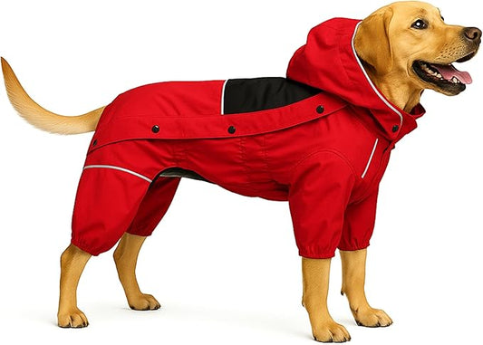 LOVELONGLONG Fleece-Lined Dog Raincoat with Removable Hood – Waterproof Winter Full Body Dog Jacket – Windproof Snowproof Cold-Weather Suit – Red-F XXS