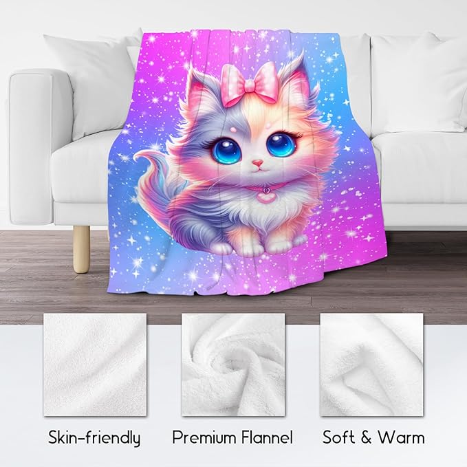 Girls Blanket Gifts - Blanket with Cat for Cat Lovers - Comfy Cozy Flannel Throws for Couch, Bedroom 60"x80"