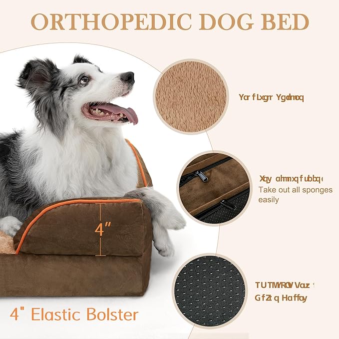 Comfort Expression Orthopedic Dog Bed for Large Dogs 38x25 Inch, Waterproof Supportive Egg Crate Foam Large Pet Bed with Removable Bolsters, Dog Couch with Washable Cover & Non-Slip Bottom, Brown