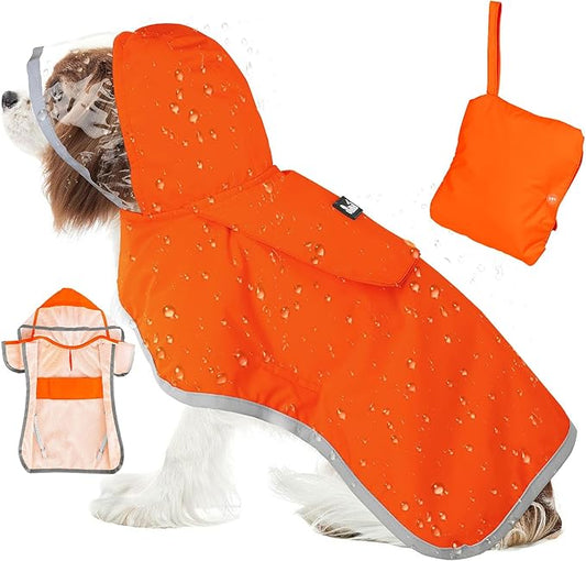 SlowTon Dog Raincoat, Adjustable Dog Rain Jacket Clear Hooded Double Layer, Waterproof Poncho with Reflective Strip Straps and Storage Pocket for Small Medium Large Dogs Puppies(OR L)