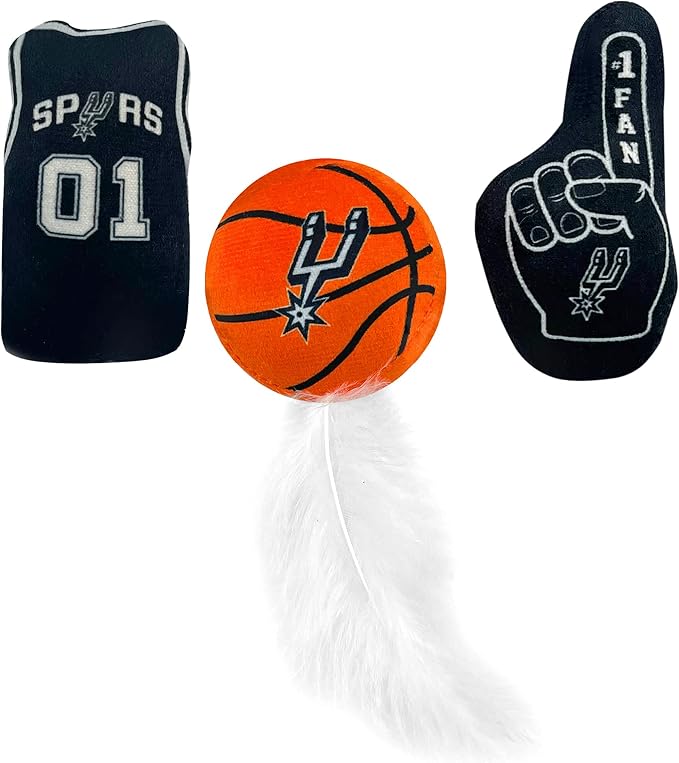 Best Plush CAT Toy - NBA SAN Antonio Spurs Complete Set of 3 Piece Cat Toys Filled with Fresh Catnip. Incl: 1 Jersey Cat Toy, 1 Basketball Cat Toy with Feathers & 1#1 Fan Cat Toy. Beautiful Team Logo