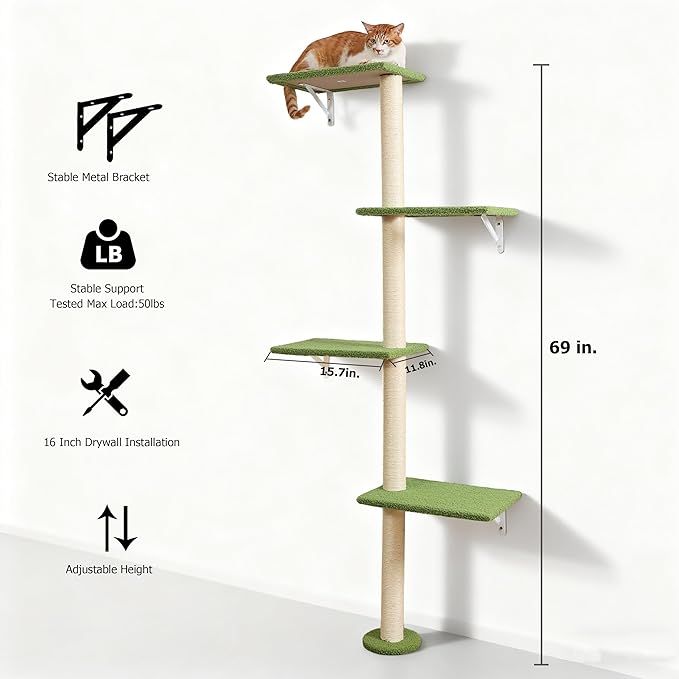 Tall Cat Scratching Posts,4 Tier Corner Cats Tree, Wall Mounted Kitten Tower,Carpeted Climbing Wall for Indoor Kitty Perching,Playing and Lookout(Green)