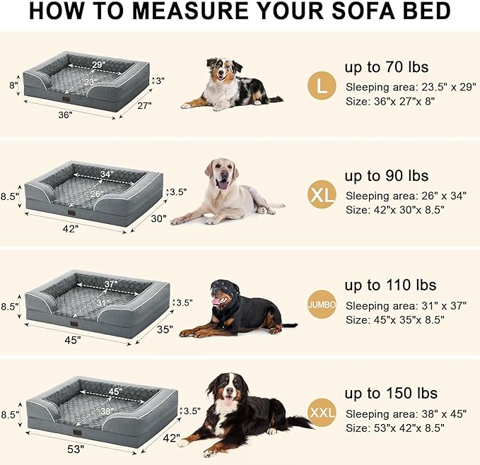 Orthopedic Dog Beds for Extra Large Sized Dogs, Waterproof Memory Foam XL Pet Bed with Sides 42x30Inch, Non-Slip and Egg-Crate Foam Big Dog Couch Bed with Removable Washable Cover, Grey