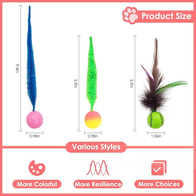 SHENGSEN Feather Wand Cat Toy，Bouncy Ball with Tail Cat Toys，Magic Worm with Large Colorful Ball Toy for Cats，Cat Feather Toys for Indoor Cats,Colorful Fuzzy Worm Bouncy Balls Cat Toy