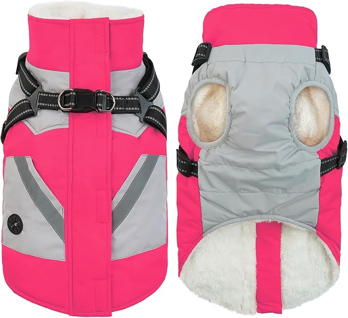 IECOii Dog Winter Jacket for Small Dogs, Waterproof Dog Coat with Harness Built in, Windproof Reflective Zip Up Fleece Jacket for Dogs, Puppy Thermal Warm Snowsuit for Cold Weather, Rosered, S