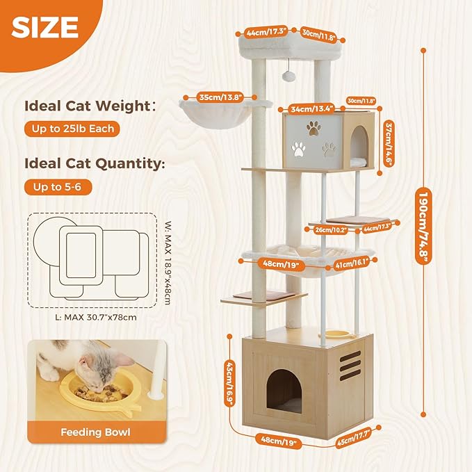 PAWZ Road Large Cat Tree with Food Station, 74.8 Inches Wooden Tall Cat Tower with Extra Large Condos and Hammocks,Spacious Perch,Sisal and Steel Posts, Scratching Mat for Indoor Adult Cats-Biege