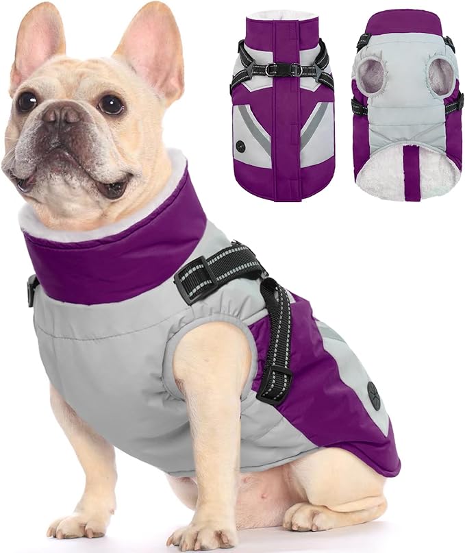 FUAMEY Dog Winter Jackets for Small Dogs,Dog Coat with Harness Built in,Waterproof Dogs Snowsuits Warm Pet Jacket Zip Up Fleece Cold Weather Coats Reflective Puppy Vest with Pocket Purple S