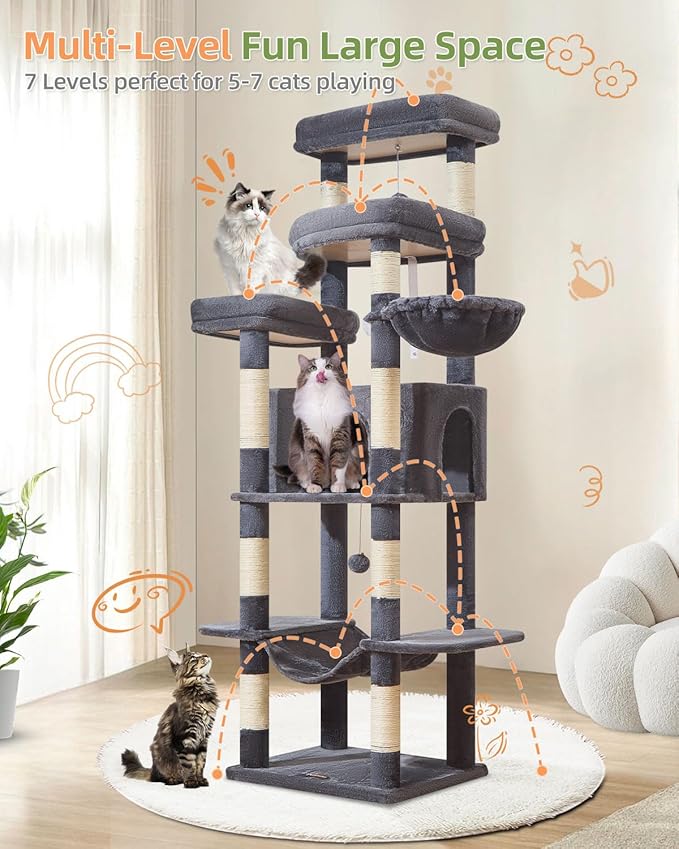 Taoqimiao 71 Inches Cat Tree for Large Cats 20lbs+, 3 Giant Perches, Multi-Level Cat Tree Tower, Widened Cat Condo with 9 Scratching Posts, Luxurious Hammcock & Basket, Smoky Gray, MS034G