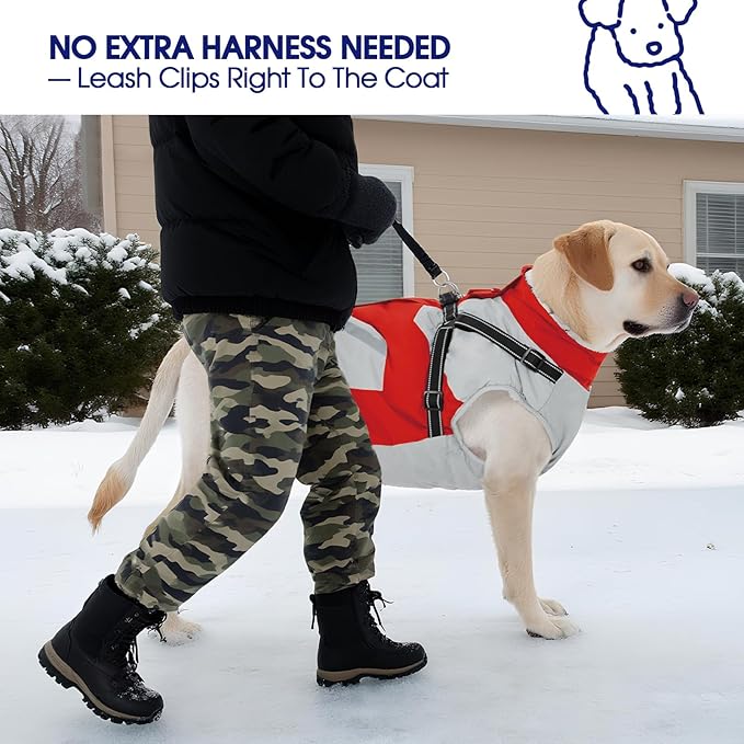 FUAMEY Dog Winter Jackets for Medium Dogs,Dog Coat with Harness Built in,Waterproof Dogs Snowsuits Warm Pet Jacket Zip Up Fleece Cold Weather Coats Reflective Puppy Vest with Pocket Red M