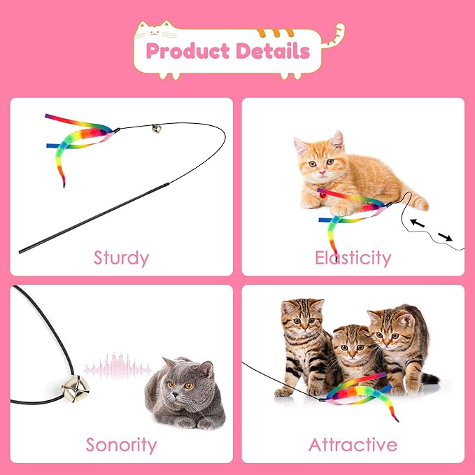 SHENGSEN Feather Wand Cat Toy,Bouncy Ball with Tail Cat Toys,Magic Worm with Large Colorful Ball Toy for Cats,Cat Feather Toys for Indoor Cats,Colorful Fuzzy Worm Bouncy Balls Cat Toy (ADM102-B-3A)