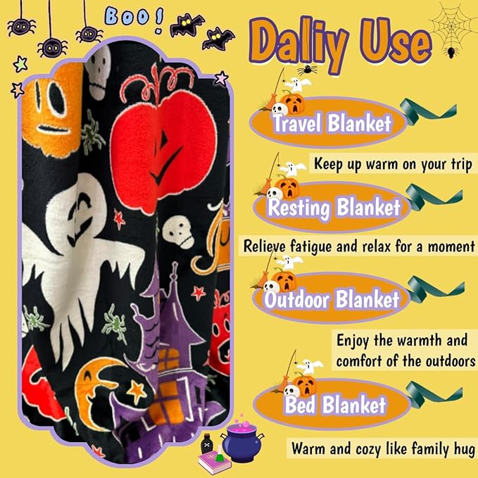 Cute Funny Halloween Blanket for Kids/Teens/Women/Men, Glow in The Dark Throw Blankets Soft Plush Fleece, Spooky Blanket for Boy/Girls/Toddler, Day Care Home Travel Use, 60"*50", Black