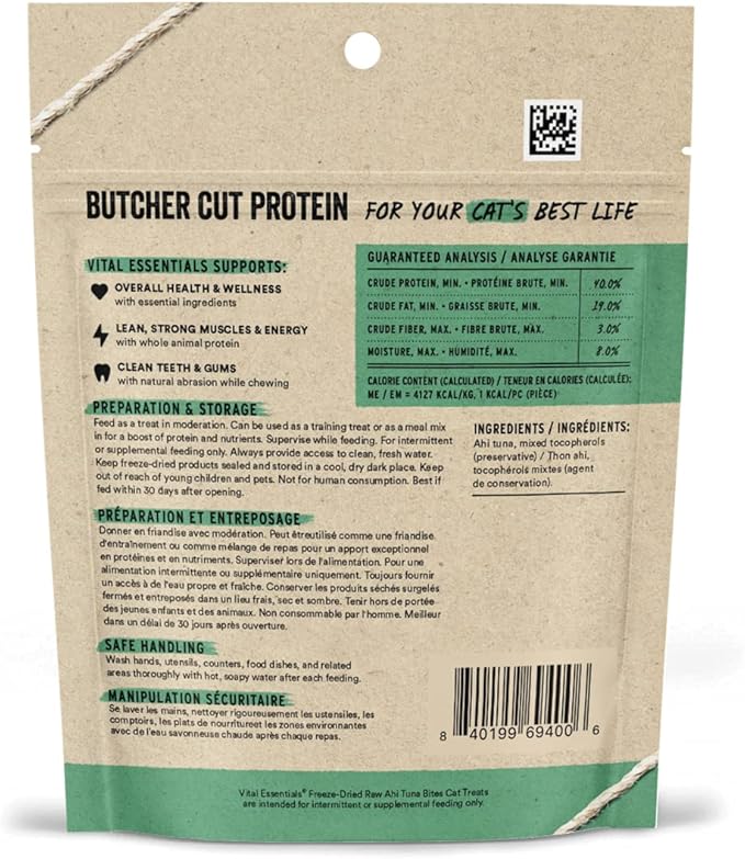 Vital Essentials Ahi Tuna Bites Cat Treats, 1.1 oz | Freeze-Dried Raw | Single Protein | Grain Free, Gluten Free, Filler Free