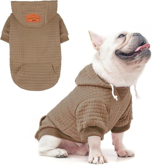BEAUTYZOO Small Dog Hoodie Sweater with Pockets, Dog Clothes for Small Medium Dogs Boy Girl, Waffle-Like Laminated Cotton Pet Coats with Hat and Leash Hole, Khaki M