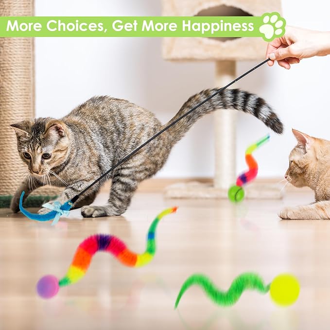 SHENGSEN Feather Wand Cat Toy,Bouncy Ball with Tail Cat Toys,Magic Worm with Large Colorful Ball Toy for Cats,Cat Feather Toys for Indoor Cats,Colorful Fuzzy Worm Bouncy Balls Cat Toy (ADM102-A-3A)