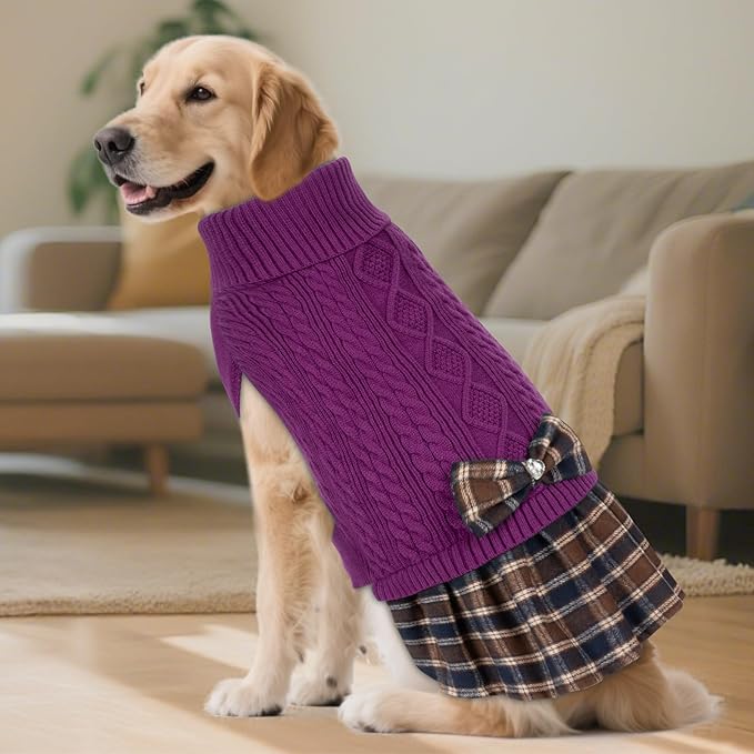 KYEESE Dog Sweater Soft Turtleneck Pet Sweater Dress with Bowtie Warm Comfy Pet Coats Pullover Dog Sweaters for Large Dogs Thick Dogs Clothes, Purple, XXX-Large