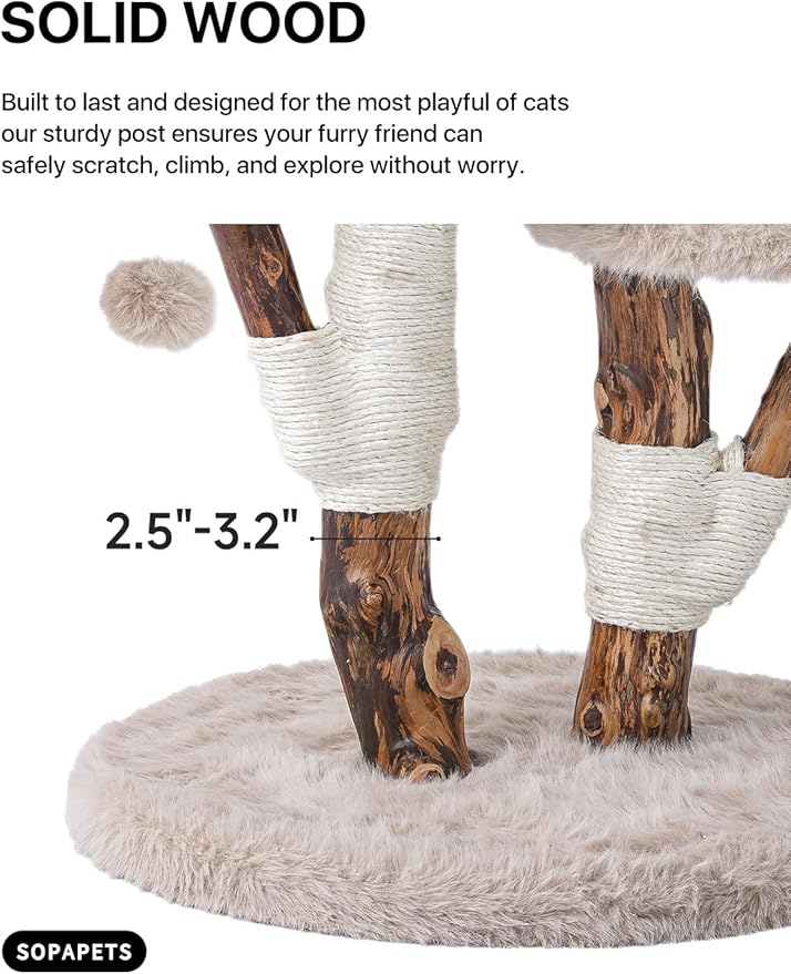 Aesthetic Cat Tree Tower for Large Cats, Large Cat Tree for Maine Coon Indoor Cats with Faux Fox Fur, Solid Wood Sisal Scratching Post, Perches, Platform & Toy Ball