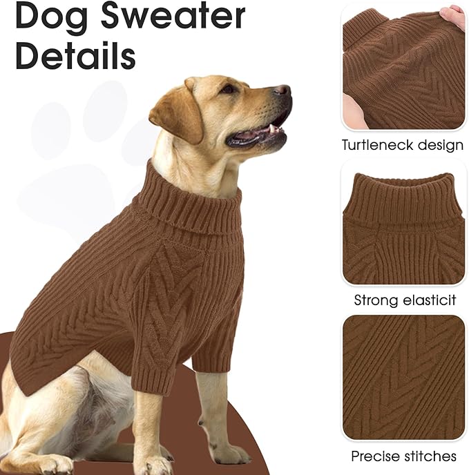 Dog Knitted Sweaters for Medium Large Dogs, Dog Winter Turtleneck, Pet Warm Pullover Thick Sweatshirt Beagle, Bulldog, Husky, Golden Retriever, Labrador, Samoyed, Rottweiler Coffee 3XL